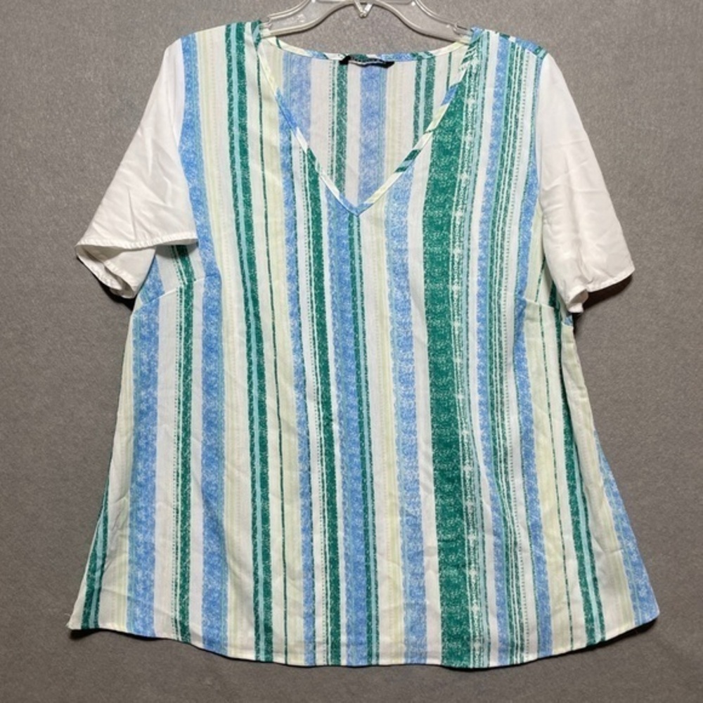 1 BloomChic V-neck Striped Contrast Patchwork Ruffle Sleeve Blouse Size 12 L